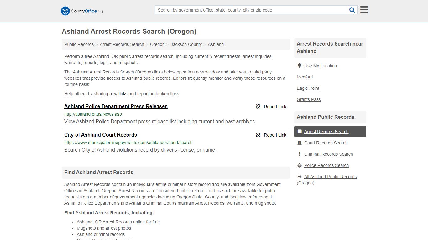Arrest Records Search - Ashland, OR (Arrests & Mugshots) - County Office