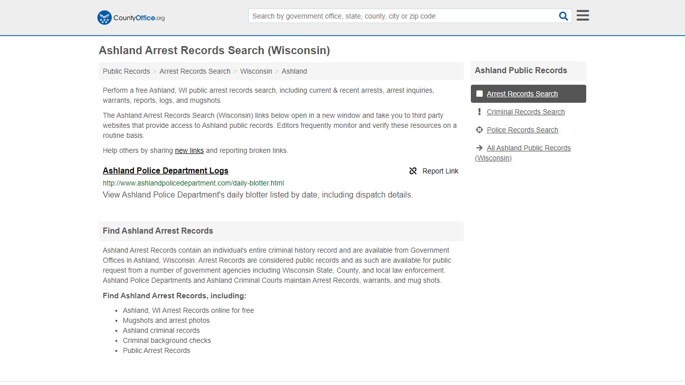Arrest Records Search - Ashland, WI (Arrests & Mugshots) - County Office
