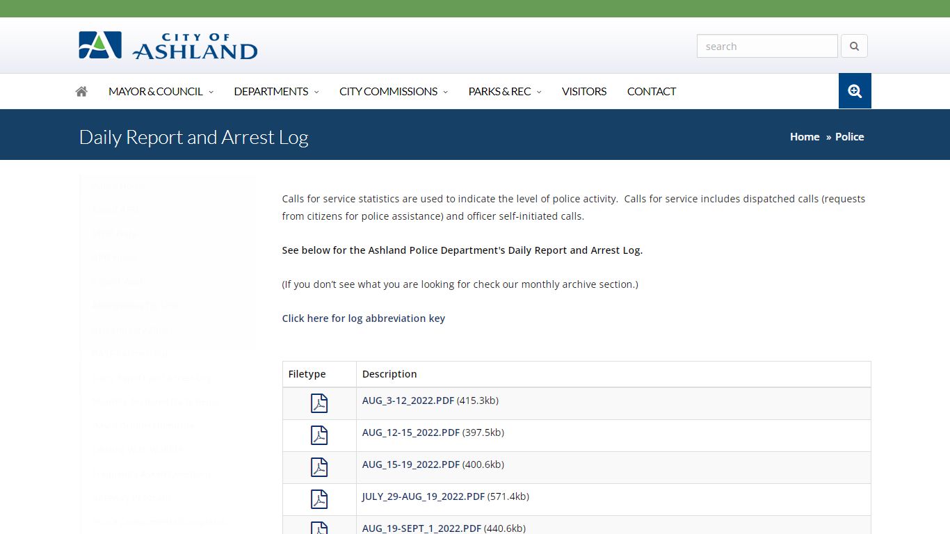 Daily Report and Arrest Log - Police - City of Ashland, Oregon